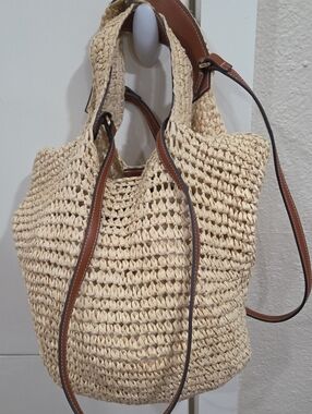 MNG Woven Straw Tote Bag with Brown Leather Trim